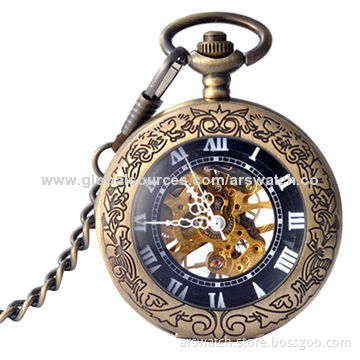 Skeleton Vintage Pocket Watch, Alloy Case with Keychain, Japan Movement, Gold Color